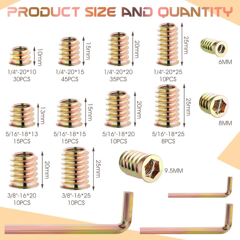 Hapric 191 PCS Threaded Inserts for Wood, 1/4"-20, 5/16"-18, 3/8"-16 Threaded Wood Inserts Furniture Screw Assortment, Wood Threaded Inserts with Hex Wrench - Image 2